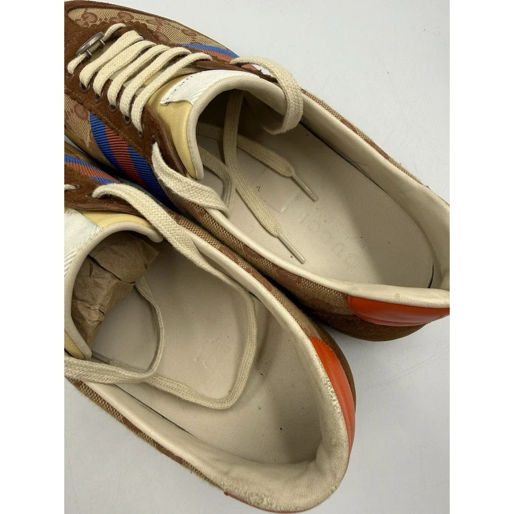 Gucci Screener Men's Sneakers GG Monogram Brown Suede Web Red Blue Size 10 US 11